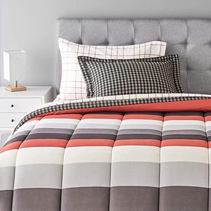 lot 1433 image: AmazonBasics Light-Weight Microfiber Bed-In-A-Bag Comforter Bedding Set - Twin or Twin XL, Red Simple Stripe
