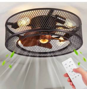 lot 1463 image: Flush Mount Caged Ceiling Fans with Lights