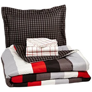 lot 5409 image: Basics 5-Piece Light-Weight Microfiber Bed-In-A-Bag Comforter Bedding Set - Twin or Twin XL, Red Simple Stripe