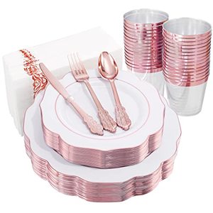 lot 14476 image: NOCCUR 175PCS Rose Gold Plastic Plates with Disposable Silverware - Include 25Dinner Plates, 25Dessert Plates, 25Forks, 25Knives, 25Spoons, 25Cups, 25Napkins for Wedding and Thanksgiving Party