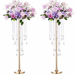 lot 4098 image: 29.5in Elegant Tall Gold Wedding Centerpiece Stand, 2Pcs Metal Flower Candle Holder with Sparkling Crystal Beads , Used for Wedding Party Event, Birthday,Reception, Home D�cor