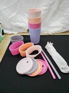 lot 4099 image: Grow Forward Kids Bamboo Cups - Kids Cups with Straws and Lids - Eco Friendly BPA Free - Dishwasher Safe - Reusable Straw Cups for Kids with Silicone Lids and Sleeves - Drinking, Smoothies Floral Color Set