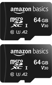 lot 14438 image: Amazon Basics microSDXC Memory Card with Full Size Adapter, A2, U3, Read Speed up to 100 MBs, 64 GB - 2 Pack, Lot of 2