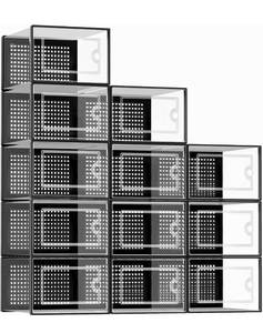 lot 14491 image: Kuject Large Shoe Organizer Storage Boxes for Closet, Fit Size 11, Clear Plastic Stackable, Black, 12 Pack