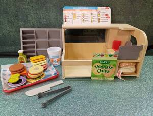 lot 14492 image: Melissa & Doug Wooden Slice & Stack Sandwich Counter with Deli Slicer  56-Piece Pretend Play Wooden Food Toys