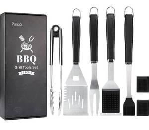 lot 14515 image: Puricon Griddle Accessories Set, Stainless Steel BBQ Tools Kit for Flat Top Grill, Tongs Fork Spatula Basting Brush Cleaning Scraper for Outdoor Barbecue Grilling, 7 Pieces