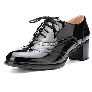 lot 14517 image: Odema Womens PU Leather Oxford Wingtip Lace up Mid Heel Pumps, Size 9