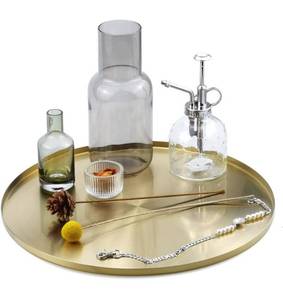 lot 20874 image: FREELOVE Round Gold Serving Platter, Metal Decorative Tray for Perfume Jewelry Comestic Coffee Cheese Candle Dish Plate, Vanity Counter Bathroom Table Organizer (Light Gold, 14 inch)