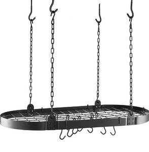 lot 20875 image: Matte Black Medium Gauge Oval Hanging Grid & 8 Hooks Kitchen Pot Rack, 19.5