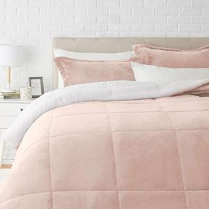 lot 20877 image: Amazon Basics Ultra-Soft Micromink Sherpa Comforter Bed Set - Blush, FullQueen