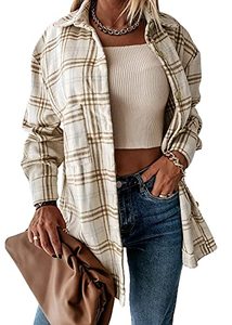 lot 20891 image: PRETTYGARDEN Womens 2023 Fall Clothes Plaid Shacket Jacket Long Sleeve Button Down Flannel Shirts Fashion Blouse(Plaid Khaki,Small)