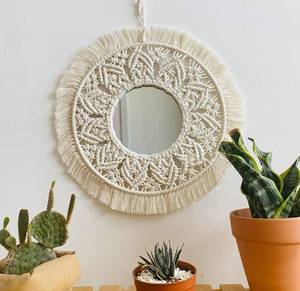 lot 20896 image: VOWAGH Handmade Macrame Hanging Wall Round Mirror , Round Decorative Mirror ,Modern Home Decoration for Homestay Hotel Bedroom Livingroom 16.5 x 16.5