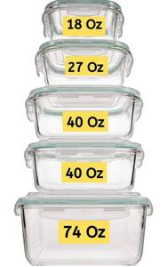 lot 20900 image: Glass Food Storage Containers 10 Pc, Airtight Glass Storage Containers with Lids, Glass Lunch Bento Boxes, Leak Proof BPA Free Large Glass Containers (5 lids, 5 Containers) Glass Containers with Lids