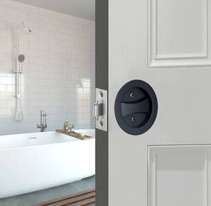 lot 20921 image: Sliding Door Handle for Bath, Barn Door Flush Handle, Privacy Round Pocket Lock (Round Pocket Lock for Bath, Matte Black)