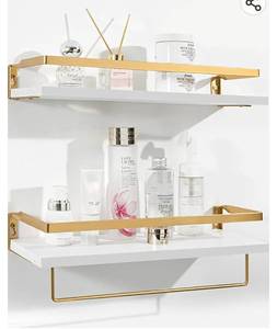 lot 26471 image: Afuly Floating Shelves White Hanging Shelves Wall Shelf for Toilet Bathroom Kitchen Bedroom Brass Bronze Wall Mounted Modern Luxury, Set of 2