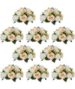 lot 26491 image: Pcs of 10 Fake Flower Ball Arrangement Bouquet,15 Heads Plastic Roses with Base, Suitable for Our Stores Wedding Centerpiece Flower Rack for Parties Valentines Day Home D�cor (Champagne & White)