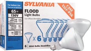 lot 26494 image: SYLVANIA Incandescent 65W BR40 Flood Light Bulb, 540 Lumens, 130 Volt, E26 Medium Base, 2850K, Warm White - 6 Pack (15679)