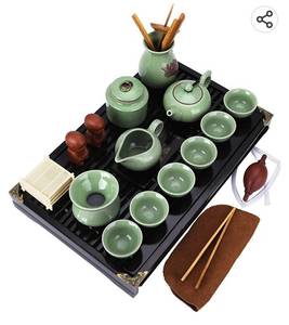 lot 26505 image: fanquare Chinese Ceramic Kung Fu Tea Set with Tea Tray and Small Tea Tools,Ge Yao Tea Service,Light Green