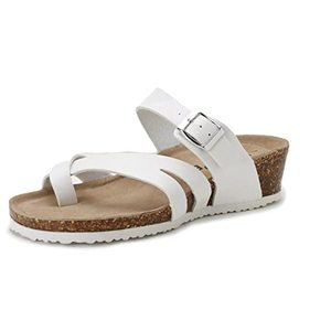 lot 26517 image: PEPPEP Cork Slip on Low Wedge Sandals for Women or Ladies, Cute Dress Wedge Shoes with Leopard Print or Rose Gold Strap, Real Suede and Memory Foam Insole, Comfortable(8, White)
