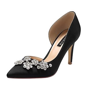 lot 26519 image: ERIJUNOR E0091 Pointy Toe Mid Heels Pumps Rhinestones Satin Shoes for Women Black Size 9