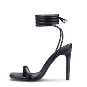 lot 26521 image: Mhuire Womens Stiletto Lace up Heels Square Toe Strappy Heels Sandals Open Toe Party Wedding Shoes Black Size 8