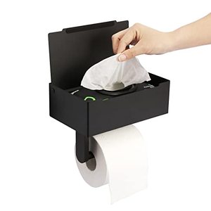 lot 26557 image: MOOMSINE Toilet Paper Holder with Shelf, for Bathroom with Wipes Storage Box, Flushable Wipes Dispenser, Keep Your Wipes Hidden Out of Sight - Stainless Steel Wall Mount - Matte Black