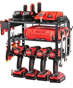 lot 31297 image: TreeLen Power Tool Organizer Wall Mount, Power Tool Holder 3 Layers Heavy Duty Drill Holder Suitable for Garage, Workshop and Warehouse
