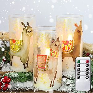 lot 31313 image: MELTONE Pet Theme Flameless Candles with Remote Control, Alpaca Decal Glass LED Candles, Flickering Battery Powered Candles for Party Bedroom Christmas Child Room Decorations - Set of 3
