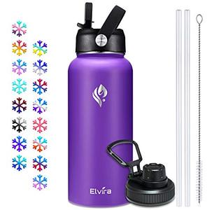 lot 31317 image: Elvira 32oz Vacuum Insulated Stainless Steel Water Bottle with Straw & Spout Lids, Double Wall Sweat-proof BPA Free to Keep Beverages Cold For 24Hrs or Hot For 12Hrs-Purple