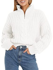 lot 31318 image: ANRABESS Womens 2022 Fall Winter Long Sleeve 14 Zipper Collared Casual Chunky Cable Knit Cropped Pullover Sweater -XL White