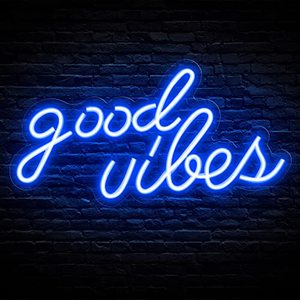 lot 31324 image: Olekki Blue Good Vibes Neon Sign - LED Neon Signs for Wall Decor, Neon Lights for Bedroom, Neon Wall Signs (16.1 x 8.3 inch)
