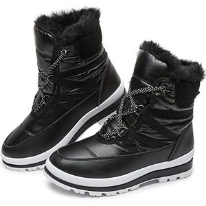 lot 31328 image: BABUDOG Womens Warm Fur Lined Mid-Calf Boots Waterproof Winter Snow Boots Non-slip Lace up Combat Boots- Black Size 7