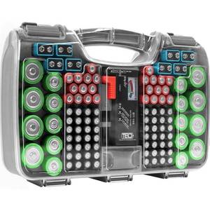 lot 59469 image: The Battery Organizer, Battery Organizer Storage Case with Tester, Stores & Protects Up to 180 Batteries, Hinge Clear Cover with Locking Lid, Garage Gadget Organization Holds AA AAA C D and More, Gray