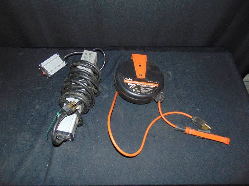 lot 9011 image: (2) ct mixed lot (1) Brooks Electronics Heavy Duty Power Strip Model U0094-15, mountable with switch, (1) retractable reel extension cord, retract-o-matic, 20 cord
