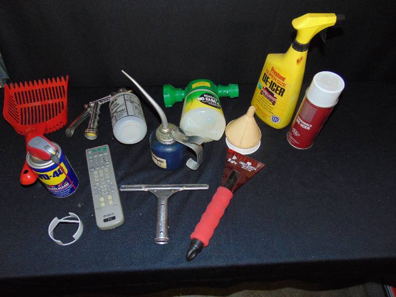 lot 9097 image: (12) ct. lot Misc Houseware Garage lot Windshield de-icer, WD40, sprayers, funnels and more