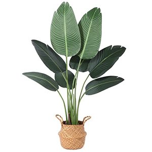 lot 33000002 image: Ferrgoal Artificial Bird of Paradise Plants 4 Ft Fake Tropical Palm Tree with 8 Trunks in Pot and Woven Seagrass Belly Basket Perfect Faux Plant for Home Indoor Outdoor Office Modern Decor Green 1 Pc��