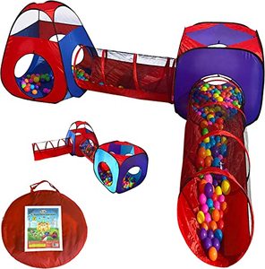 lot 33000008 image: Playz 4pc Pop Up Children Play Tent w 2 Crawl Tunnel & 2 Tents - Kids Tents for Boys, Girls, Babies & Toddlers for Indoor & Outdoor - Large Children Playhouse Ball Pit w Storage Case
