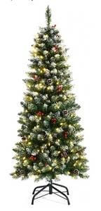 lot 33000039 image: Goplus 5ft Pre-lit Pencil Christmas Tree, Snow Flocked Artificial Hinged Xmas Tree w Metal Base, 408 Tips, 250 Lights, Pine Cones & Red Berries, Holiday Decoration for Indoor, Home, Office, Shop