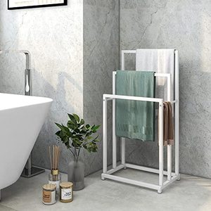 lot 33000044 image: BOFENG 3 Tiers White Freestanding Metal Towel Rack 3 Bars Towel Holder Towel Bar Storage Ladder Bathroom Accessories Organizer Bath Storage,Hand Towel,Washcloth,Kitchen Cloth,Pool Drying Rack