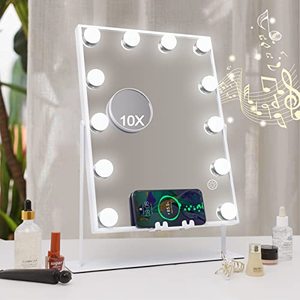 lot 33000049 image: Hansong Bluetooth Vanity Mirror with Lights and Wireless Charging Makeup Mirror with Lights 12 LED Bulbs Upgraded Hollywood Mirror 3 Color Lighting Modes White