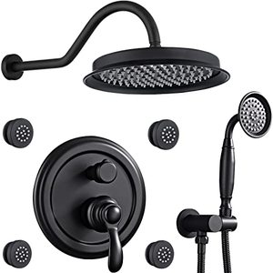lot 33000078 image: Homekice Antique Shower Faucet-Sets Fixtures 9 inch Wall Rain Head with Handheld Spray and Body Jets, 3 Way Diverter Brass Rough in Valve System Included Trim Kit, Matte Black