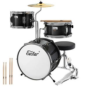 lot 33000090 image: Eastar Drum Set for Kids Beginners - Junior 3 Piece Drum Kit, 14 Drums with Bass, Tom, Snare Drum, Adjustable Throne, Cymbal, Pedal & 2 Pairs of Drumsticks (Metallic Black)