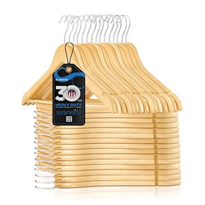 lot 33000144 image: Premium Solid Wooden Hangers - Smooth Finish Space Saving Heavy Duty Suit Clothes Hanger Set w 360 Degree Swivel Metal Hook, Precisely Cut Notches, for Coats Jackets Pants Dress (30-Pack)
