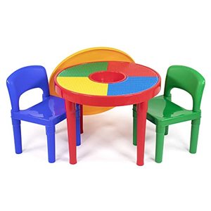 lot 33000344 image: Humble Crew, RedGreenBlue Kids 2-in-1 Plastic Building Blocks-Compatible Activity Table and 2 Chairs Set, Round, Primary Colors