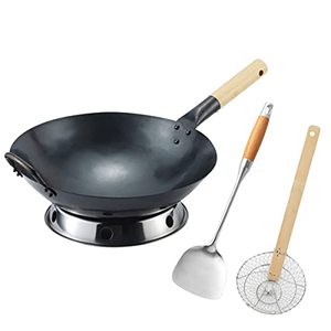 lot 33000346 image: Letschef Preseasoned Carbon Steel Pow Wok Set, 14inch Woks and Stir Fry Pans Hand Hammered Chinese Wok Round Bottom with Ring, Spatulas, and Cooking Skimmer
