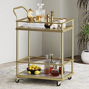 lot 33000173 image: Nathan James Carter Rolling Bar and Serving Cart 2-Tiered Glass and Brass Metal, Gold