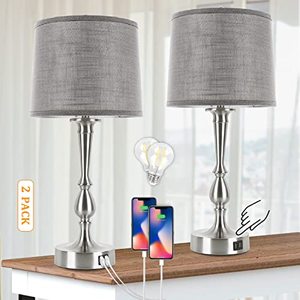 lot 33000178 image: Dott Arts 24.8 Table Lamps for Bedroom Set of 2, Modern Bedside Lamps with Dual USB Charging Ports, 3 Way Dimmable Touch Control Nightstand Lamp Nickel Finish Large Table Lamps for Living Room(Gray)