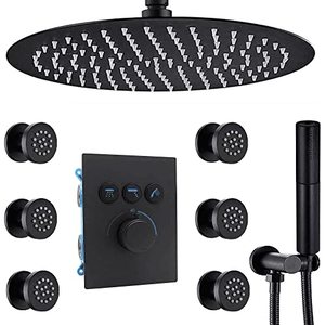 lot 33000188 image: ZYGOLVQ Matte Black Shower System with Body Jets -16 Ceiling Rainfall Round Shower Head with 2-Function Handheld, Can Used All Functions At the Same Time