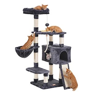 lot 33000204 image: Heybly Cat Tree Cat Tower for Indoor Cats Multi-Level Cat Furniture Condo with Feeding Bowl and Scratching Board Smoky Gray HCT010G
