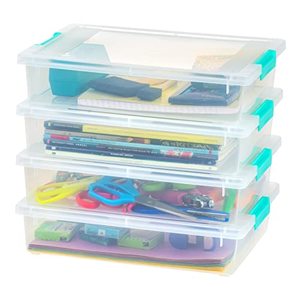 lot 33000212 image: IRIS USA 6 Quart Clip Box, Clear Plastic Storage Bin with Secure Latching Buckles, Organizing Container for Office, School, Kids and Craft Room, Large, ClearSeafoam Blue, 1 each
